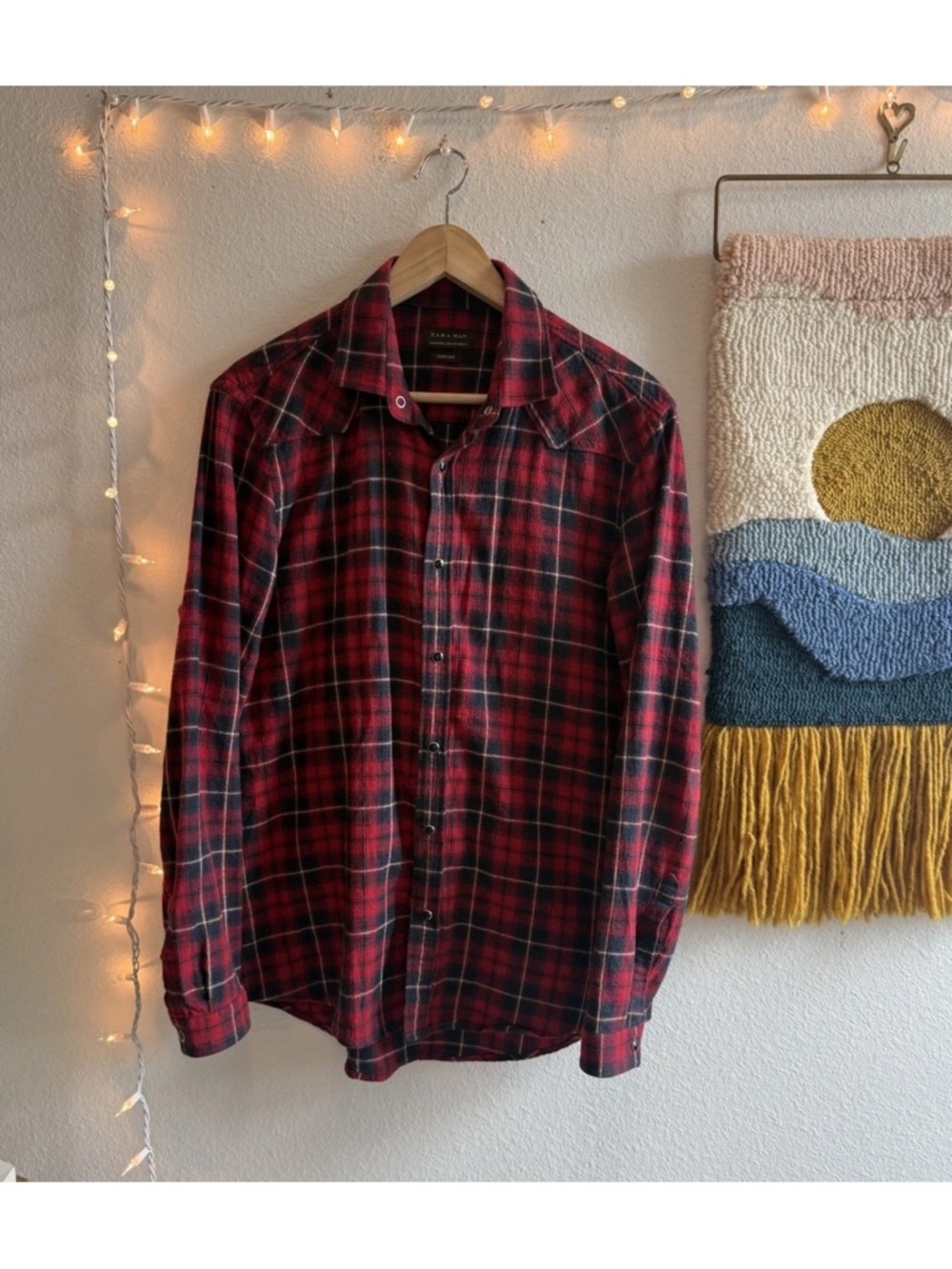 Zara Man Shirt Size Large Flannel Plaid Long Sleeve Snap Button Slim Fit Work